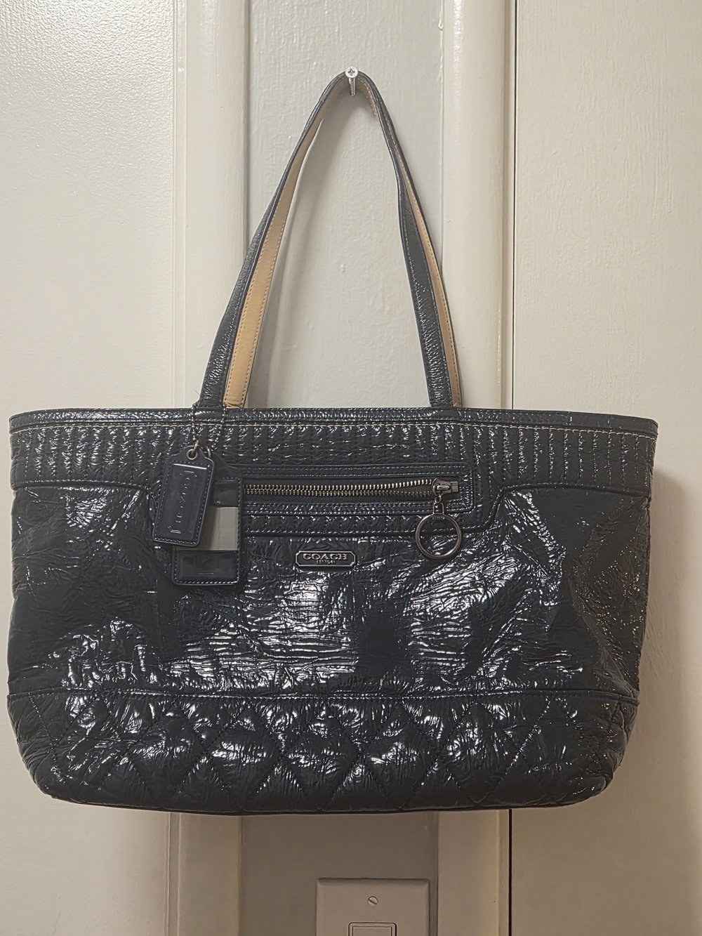 Coach Black Patent Leather Quilted Tote Bag